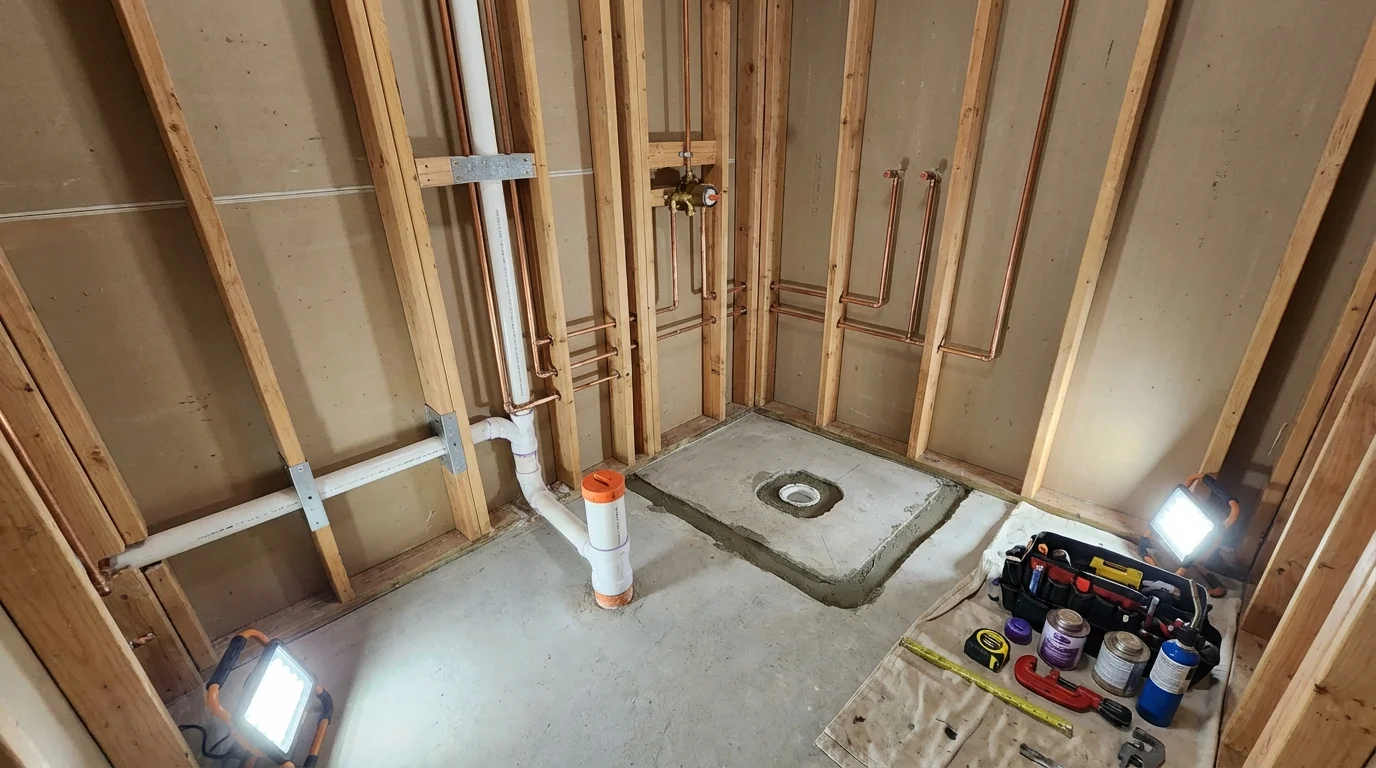 Bathroom rough-in plumbing during remodel by Johns Plumbing LLC in Jetmore