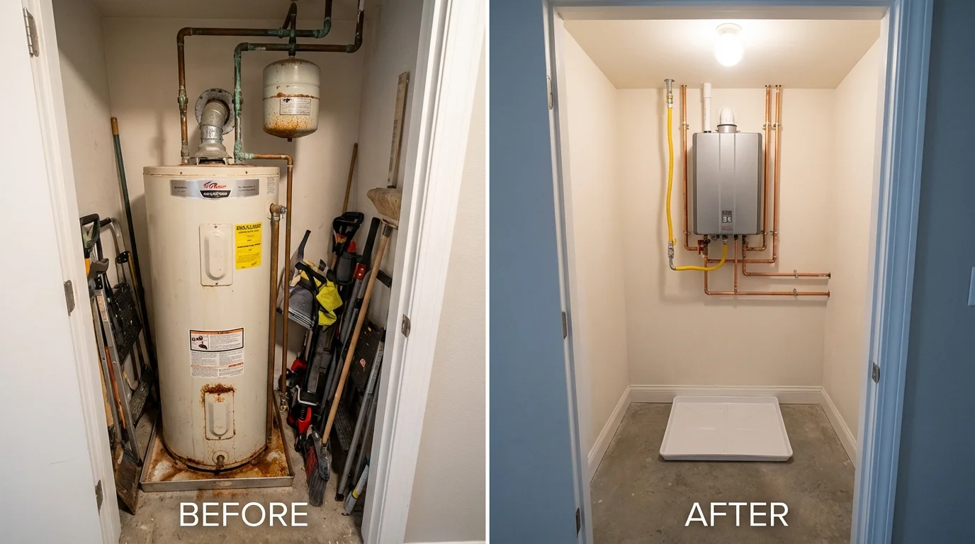 Tank water heater versus wall-mounted tankless unit comparison for Jetmore, KS homeowners