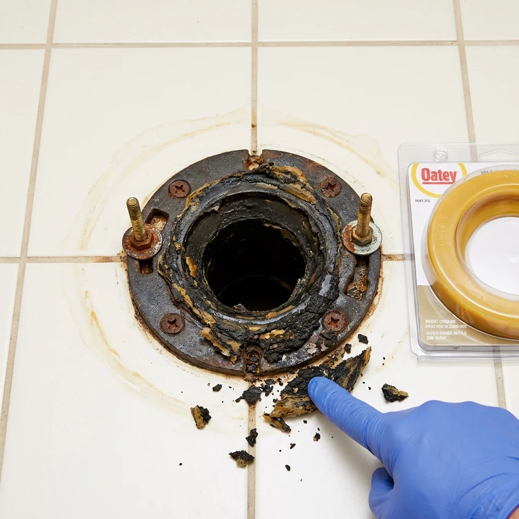 Failed wax ring showing water seepage at the base of a toilet in a Jetmore, KS home