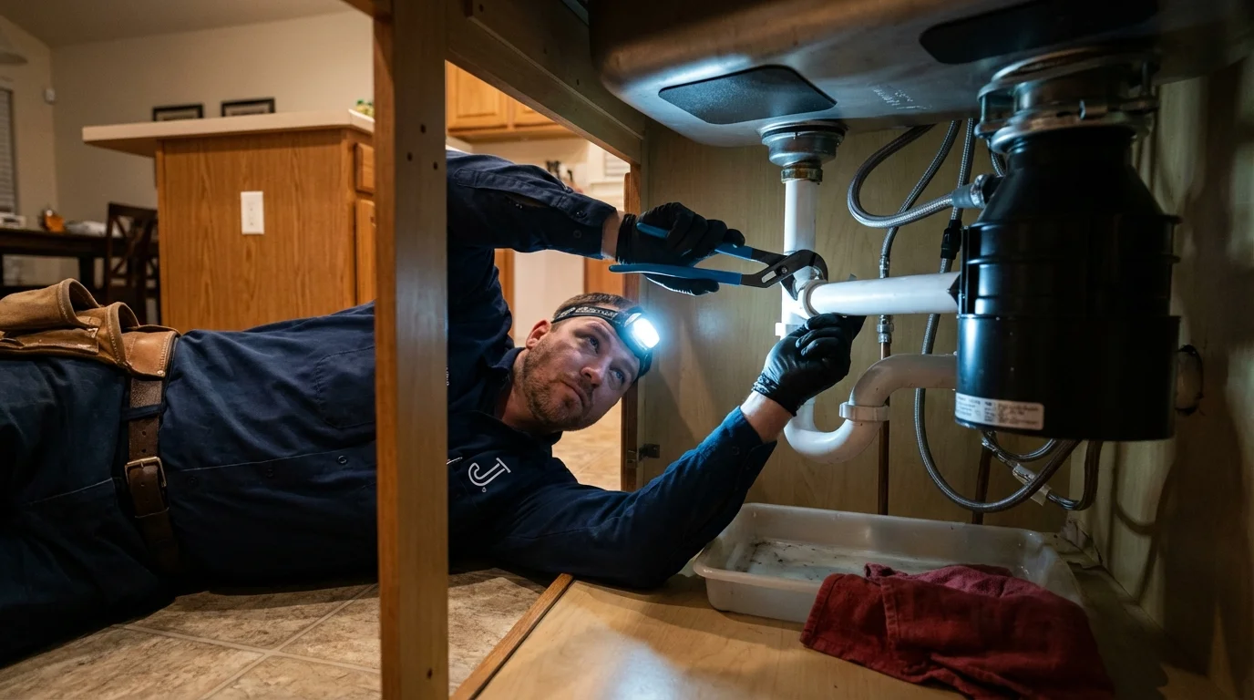 P-trap and supply line connections under a kitchen sink showing a common leak point in Jetmore, KS